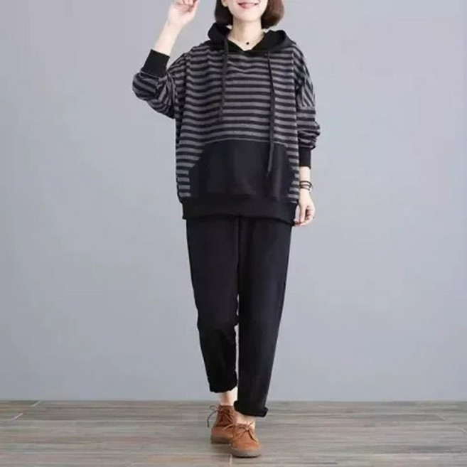 FANSYLI 여성 빅사이즈 캐주얼 세트 가을 겨울 와이드 후드티+배기 팬츠 투피스 패션 트레이닝 상하복 맨투맨 세트 W2510O10