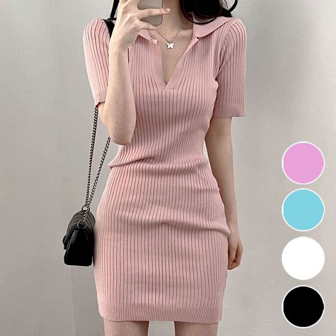 VERIT 글램 브이넥 골지 신축성 올킬 반팔원피스 VT628