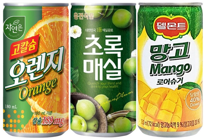 Yotta 미니캔음료 웅진 고칼슘 오렌지+초록매실+델몬트 망고, 90개, 180ml