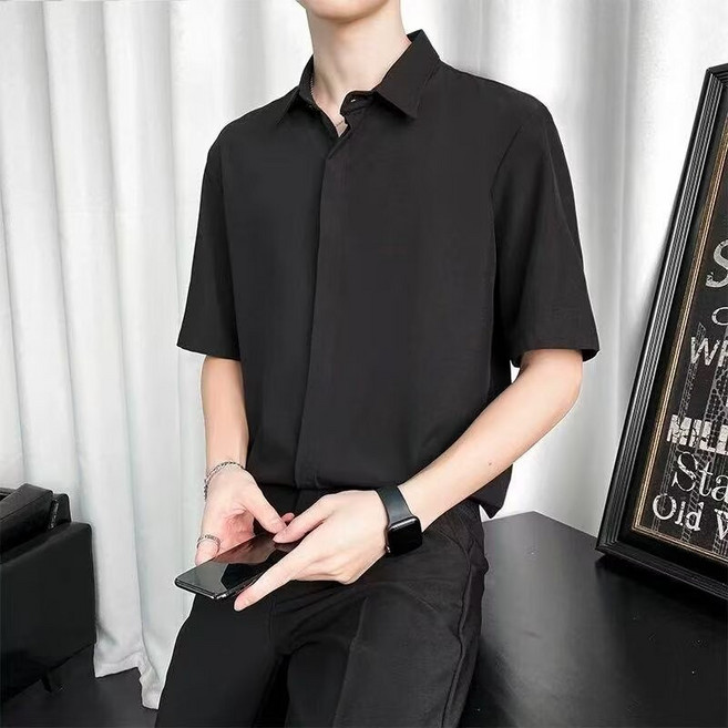 新款韓版暗釦襯衫男夏裝寬鬆男裝上衣外穿男士襯衫男士商務襯衫男