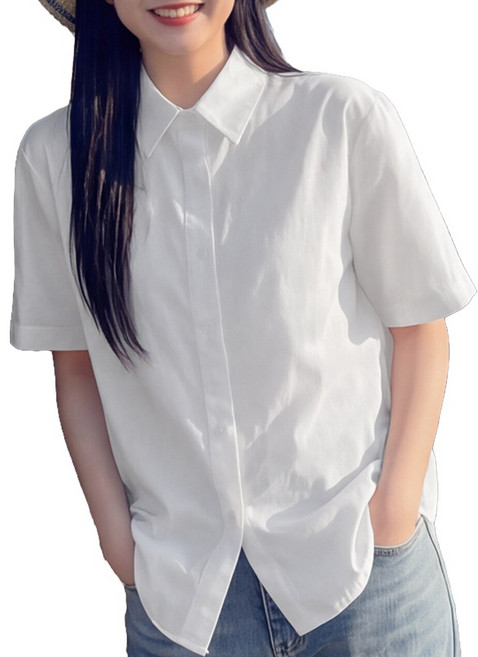 라뷰드 여성 루즈핏 베이직 반팔 셔츠 블라우스 봄가을 여름 데일리 오피스 정장 기본 심플 오버핏 카라넥 상의