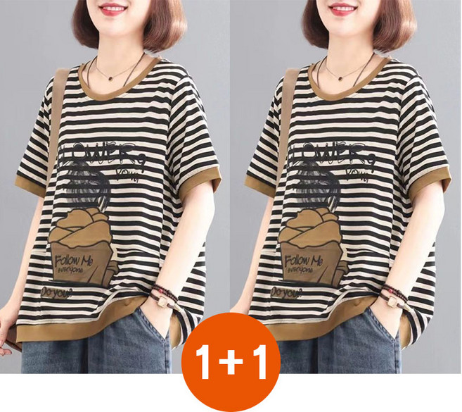 1+1 중년 여성 스트라이프 반팔 티셔츠 봄 여름 빅사이즈 루즈핏 줄무늬 반팔티 캐주얼 트렌드 상의 WMY