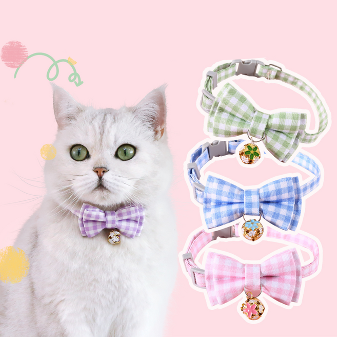 나나봉봉(1+1) 사각사각 체크리본 고양이 강아지 방울 목걸이, 1개, 퍼플+그린