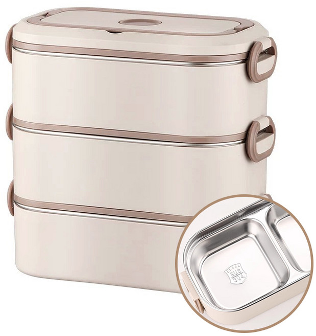 Shipshape 스테인리스강 보온도시락 파오차이저장함 다용도케이스 전자레인지 가열 수납함포함 장아찌용기, 1세트, 베이지-3단