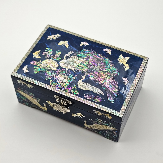 한국민예사 나전칠기 한지 검정 6치 자개 보석함 돌반지 악세사리 보관함 돌반지함 한국 전통 공예품 외국인 선물, 공작 파랑