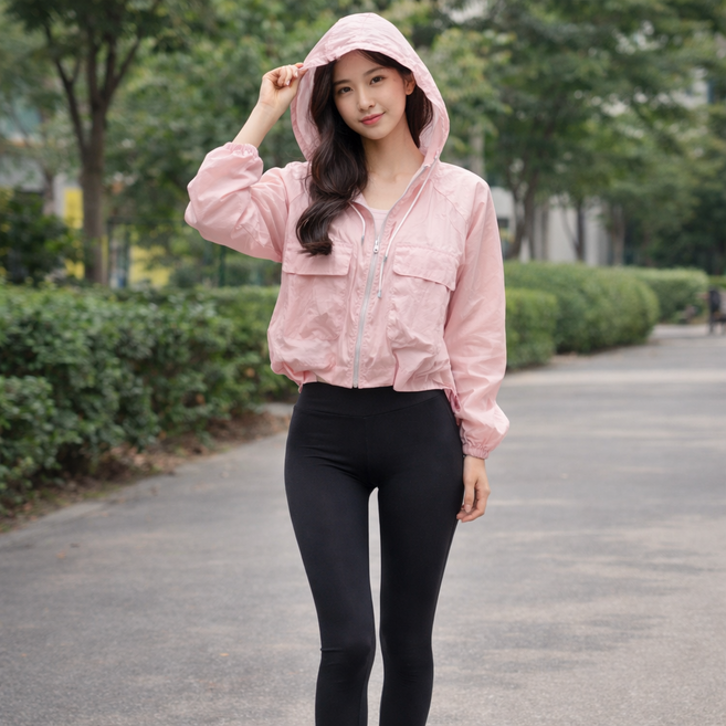 OSS 여성 세미크롭 바스락 러닝 등산 후드집업 바람막이 3color