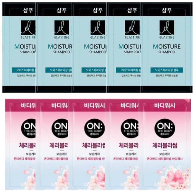 일회용샴푸 바디워시엘라스틴 샴푸 10mlx50개 온더바디 바디워시 8ml 50개 여행용 업소용 세면도구, 100개