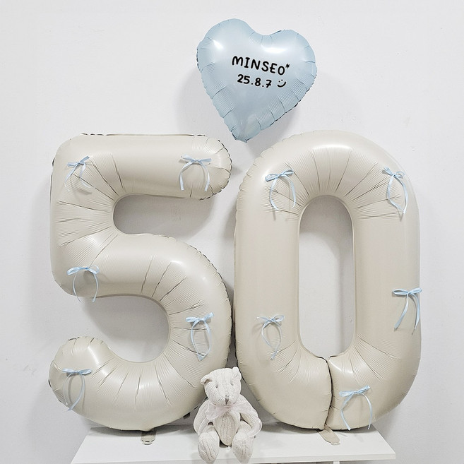 올리브파티 50일 셀프 촬영 하트 숫자 레터링 풍선 세트, 5 리본 베이지블루, 1세트