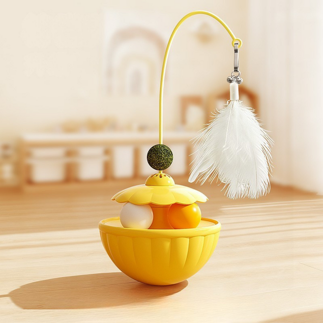 Tinduo 고양이 오뚝이 장난감 캣닢볼 깃털 방울 트랙볼 캣 사냥놀이 낚시대, 노란색, 1개