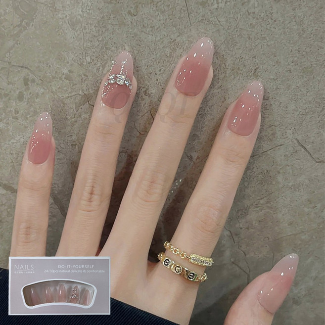 QMQT 여성 데일리 우아한 수제 롱 네일팁 젤 네일 컬렉션 30p, 1개, 누드- 스톤체인