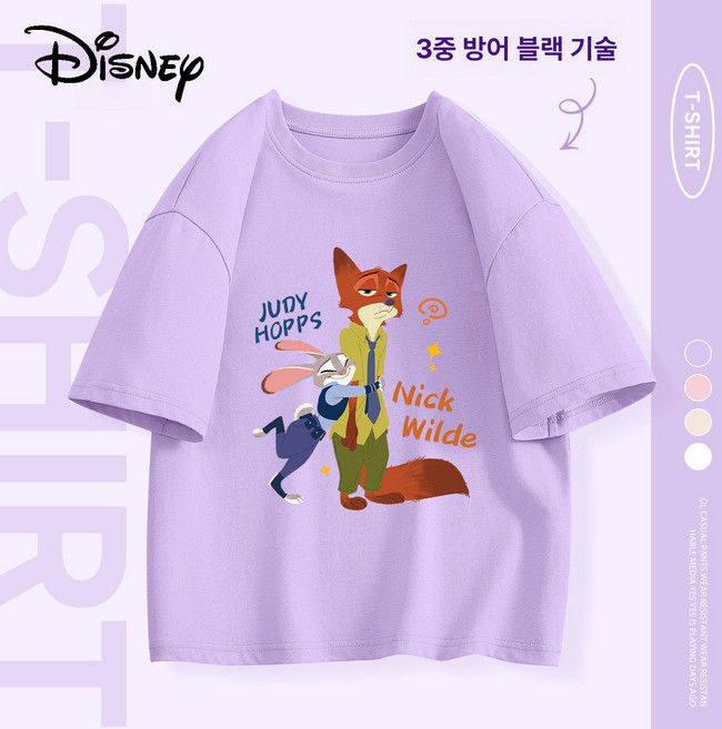 주토피아 티셔츠 반팔 맨투맨 초등학생 남아 여아 어린이 오버핏 면 라운드 봄 여름, 1개, 퍼플 니키