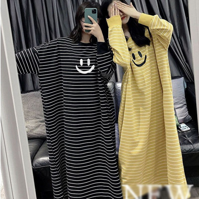 데일리 긴팔 라운드 롱원피스 스마일 무릎까지 오버핏 실내복 잠옷 사계절 파자마