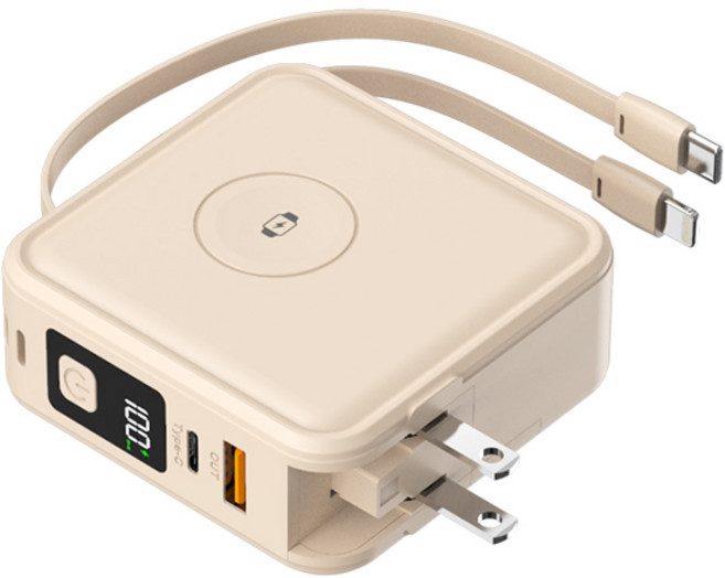 多功能磁吸行動電源 30000mAh 大容量 自帶線無線充電 摺疊插頭 可登機, 卡其色（新升級防爆電芯）自帶線+無線磁吸