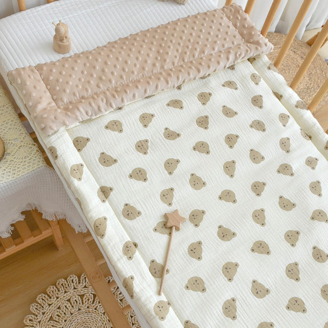 純棉紗布床墊 新生兒適用 小熊頭 咖色, 100*60cm, 1個