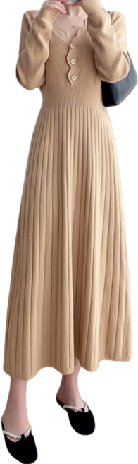 Makone 여성 봄 가을 브이넥 니트 빅사이즈 롱 원피스