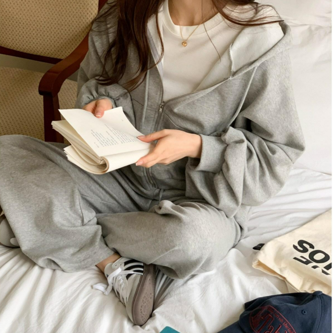 제이블롭 여성 포니집업 후드 상하의 세트 면혼방 봄가을용 긴소매