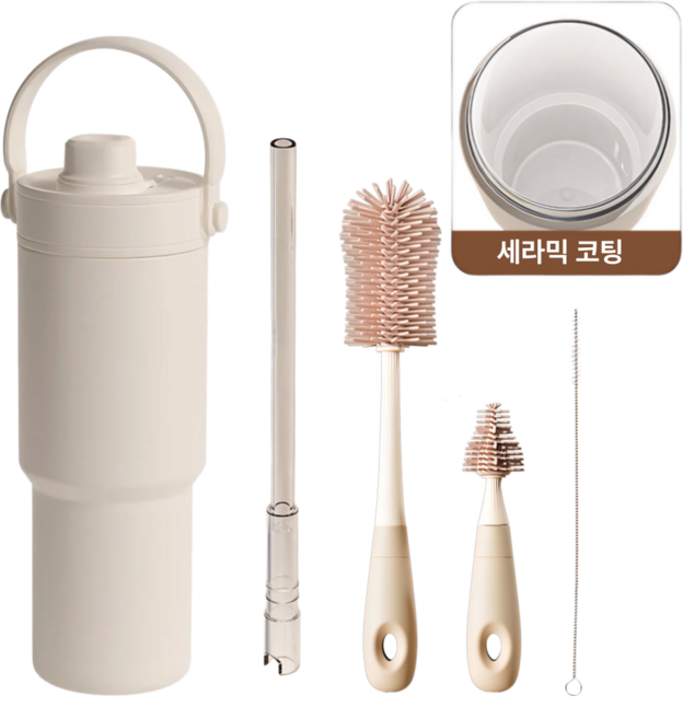 에트레 대용량 손잡이 빨대 스텐 세라믹 텀블러, 1세트, 735ml, 화이트크림