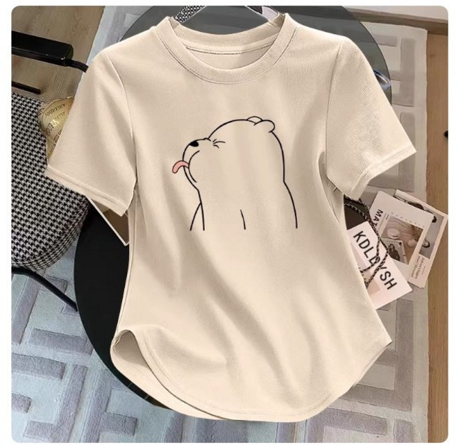 셀리즈로 루즈핏 슬림 이너 귀여운 곰돌이 프린트 라운드 데일리 티셔츠