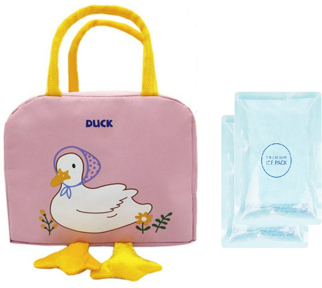 헬퍼샵 오리 보온 보냉백 5종 색상 도시락 가방, 핑크 1개 + 젤 아이스팩 세트
