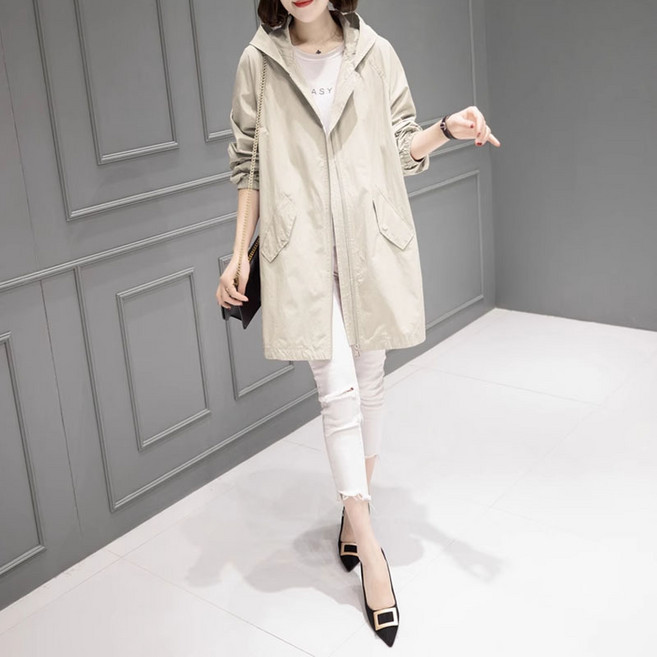 봄 가을 트렌치 얇은 롱 여성 베이직 계절 후드 집업 아우터 기질 캐주얼 포인트 엘레강스 간절기용 아우터 포켓 빅사이즈