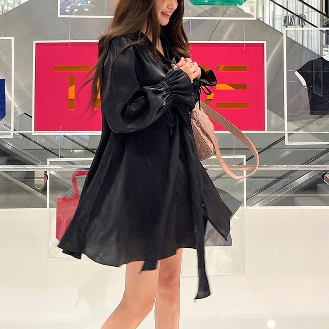 힙샵 봄신상 긴팔원피스 새틴 실키 리본 셔링 셔츠 주름 플레어 미니 원피스 홀복 클럽룩 파티복