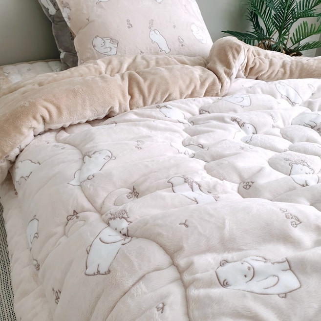 정온침장 귀여운 곰돌이 도톰한 극세사이불 세트 키즈 초등학생 침구세트, 그레이