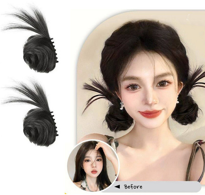 예삐스토어 깃털 똥머리 가발 집게핀 헤어피스 번가발 올림머리 업스타일 파티 로우번, 블랙, 1개