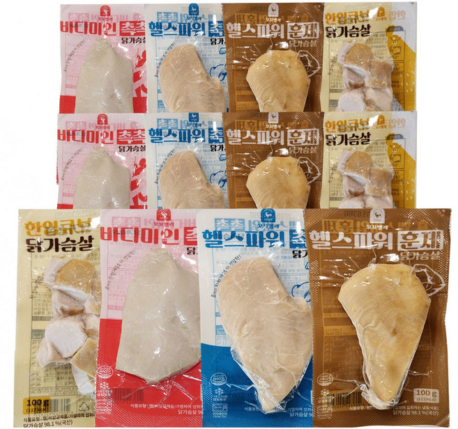 꼬꼬밸리 바디미인 헬스파워 통살촉촉 닭가슴살 훈제 4종 혼합구성 12팩, 1개