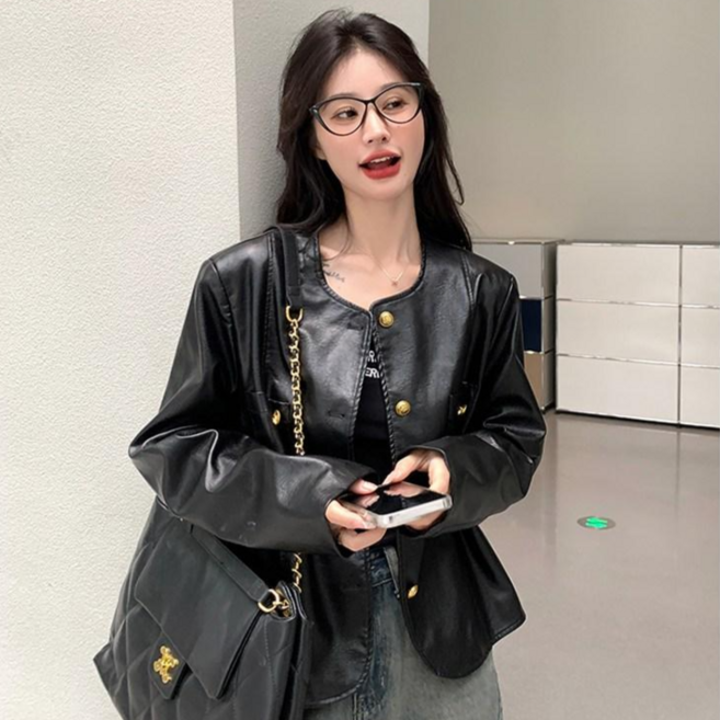 다빛이 골드버튼 노카라 여성 크롭 인조가죽자켓