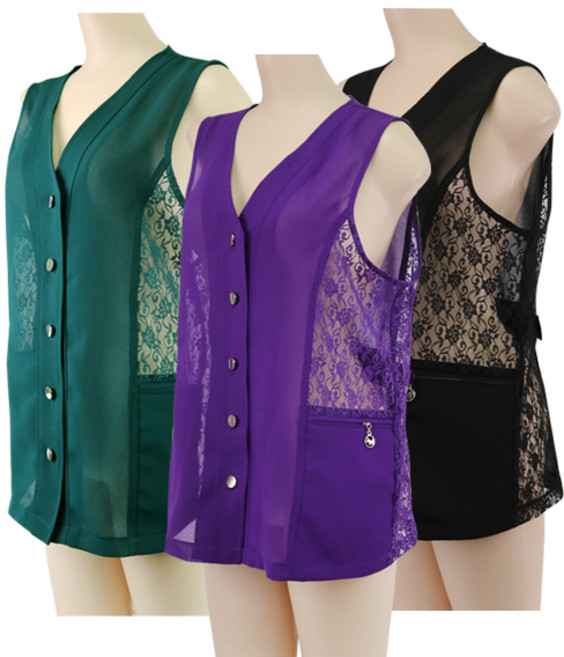 와이앤코 국산 할머니 조끼 레이스 망사 지퍼 주머니 빅사이즈 여름옷