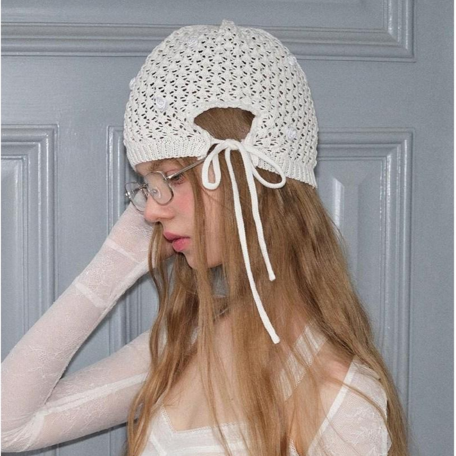 HALOPICK 로즈펀칭 레트로 크로셰 보넷 비니 모자