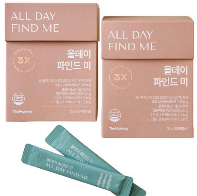 올데이파인드미 장 뇌 구강 특허 후코이단 노스릴리브 프로바이오틱스 유산균 30포, 60g, 2개