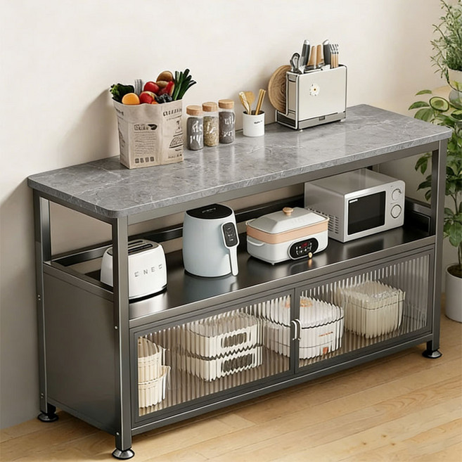 SeekFun 여닫이 수납장 세라믹 상판 튼튼한 와이드 아일랜드 주방 다용도 진열장 정리대 식탁 1000, 그레이 3단