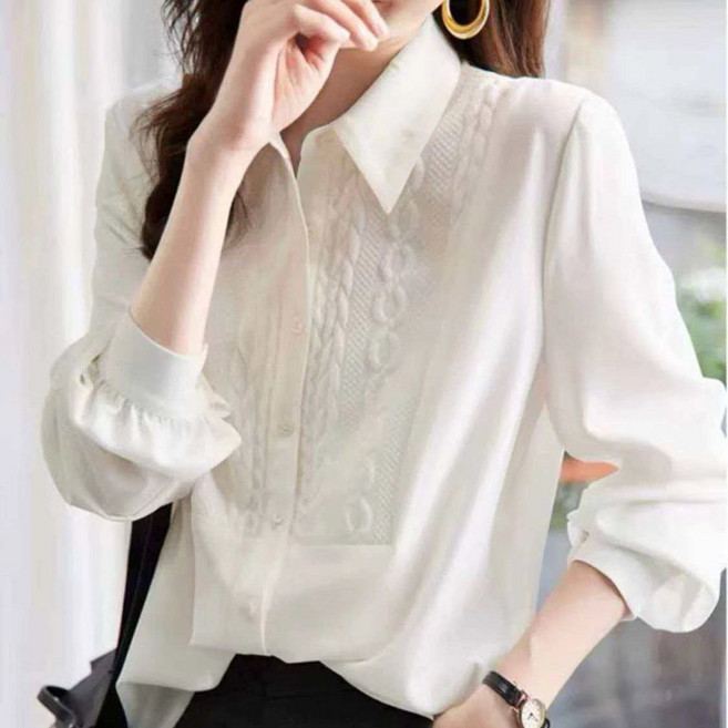 류룡 여성 오피스룩 긴팔 셔츠 블라우스 케이블 니트 패턴