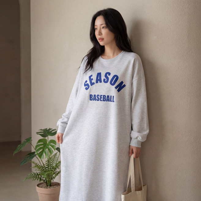 상상그이상 여성용 국내제작 기모 오버핏 베이스볼 레터링 포인트 롱원피스 캐주얼 마실룩 홈웨어룩