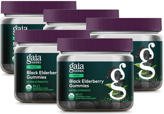 가이아허브 블랙 엘더베리 삼부커스 엑스트라 스트렝스 구미 Gaia Herbs Black Elderberry, 5개, 80정