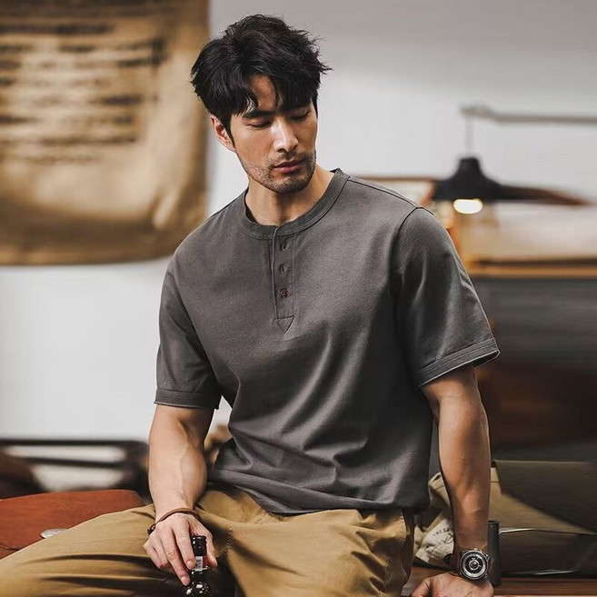 남성 헨리넥 반팔 티셔츠 봄 여름 패션 루즈핏 반팔티 슬림핏 캐주얼 셔츠 상의 LJX