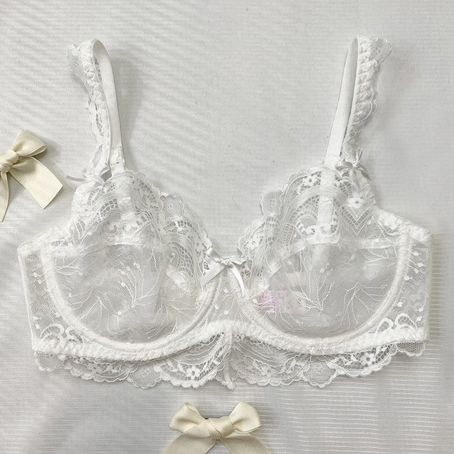 法式蕾絲大尺碼女夏季薄款透明大胸集中爆乳女性成套性感流行內衣文胸套裝 白色