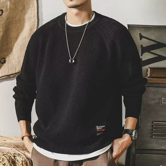 빈티지 헤비급 남성 스웨터 봄가을 니트 기본 셔츠 남성 루즈핏 대형 자수 니트