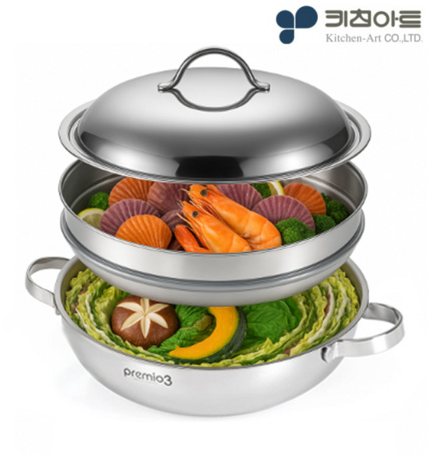 키친아트 스텐304 국산 프리미엄 통3중 2단 궁중찜냄비 인덕션겸용, 프리미오3 2단 찜냄비 26cm, 1개