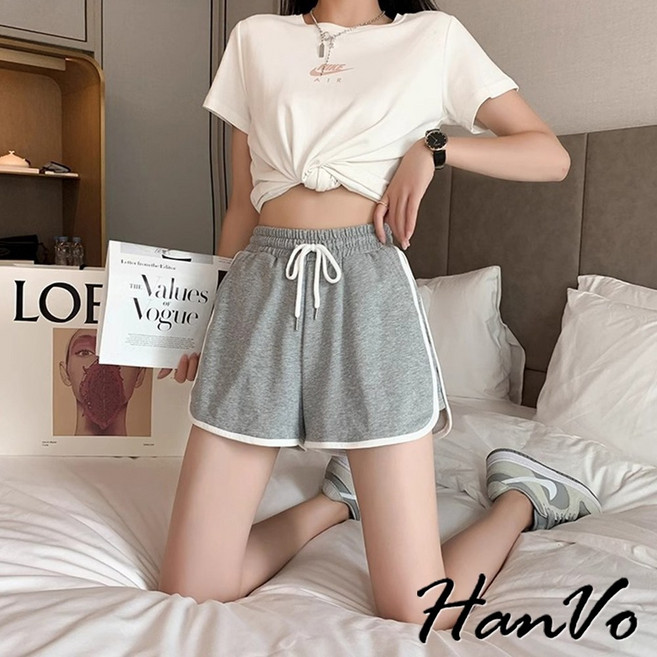 HanVo 修飾身型運動休閒短褲 棉質寬鬆滾邊居家褲 韓系女裝