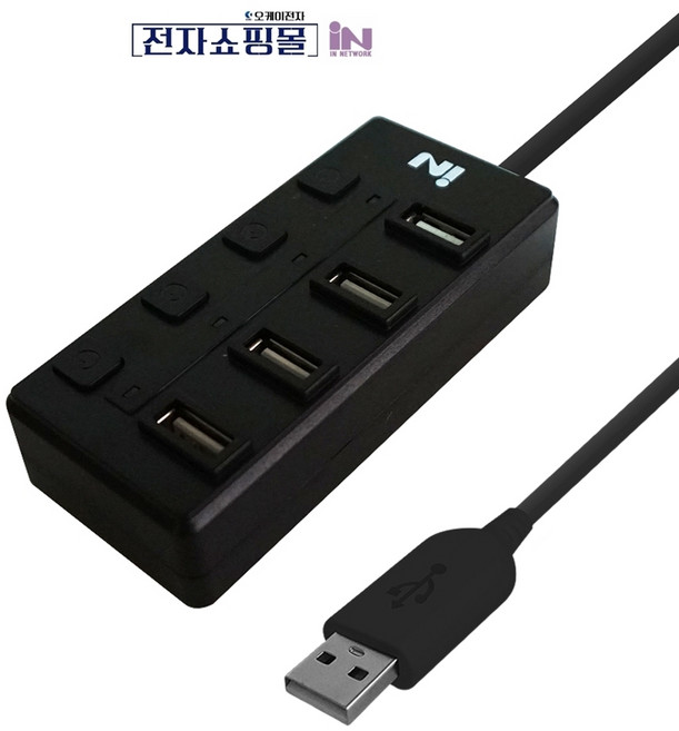 4포트 USB 2.0 무전원 허브 블랙 IN-U4BK, 1개