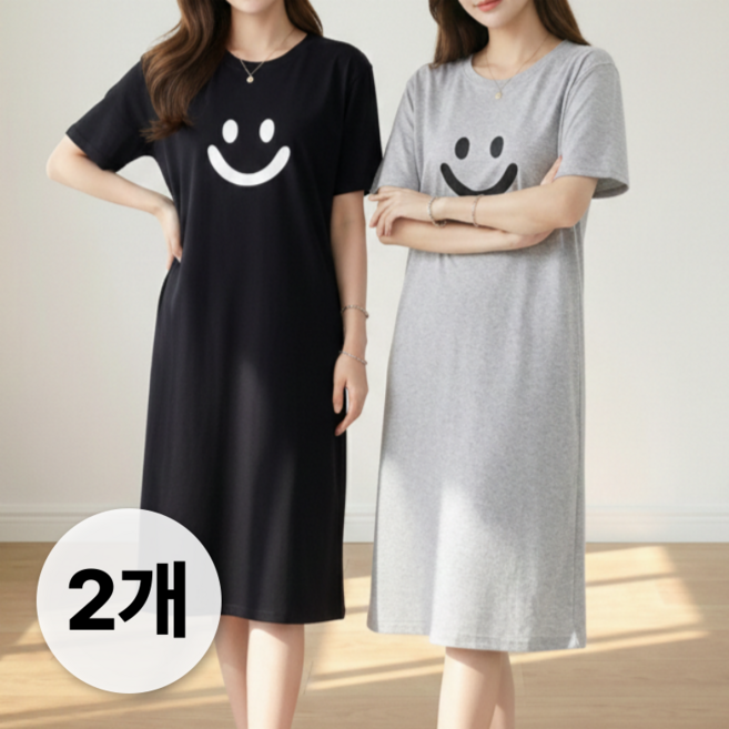 IAWI 여성용 스마일 반팔 원피스 잠옷 오버핏 빅사이즈 편안한 파자마