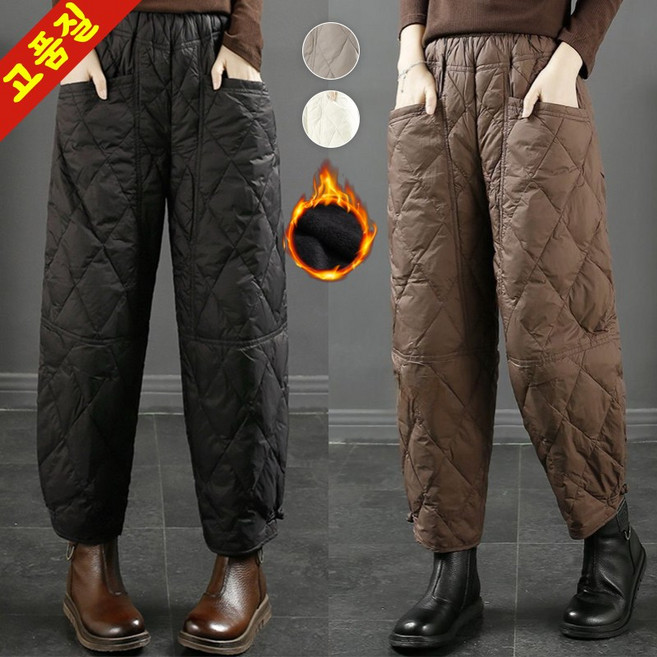 (완전 추천) 90kg까지 빅사이즈 여성 기모 빈티지 다이아몬드 누빔 배기 팬츠 바지 가을 겨울 편한 캐쥬얼 입체 핏 이쁜 날씬해보이는 부드러운 우아한 도톰한 방한 솜바지 팬츠