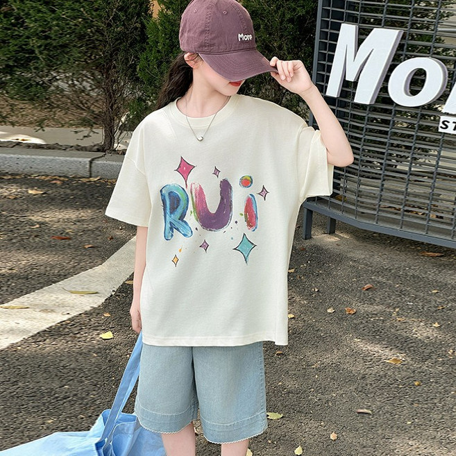 키즈목마 2025 여름 여아 루즈핏 반팔티+쿨링 데님 5부팬츠 세트 주니어 초등 여아 아이스 소재 티셔츠 청반바지 상하복658