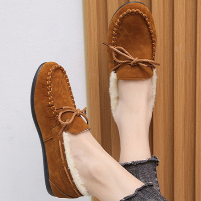 OSON 털 안감 스웨이드 여성 모카신 겨울 단화 발편한 플랫 슈즈
