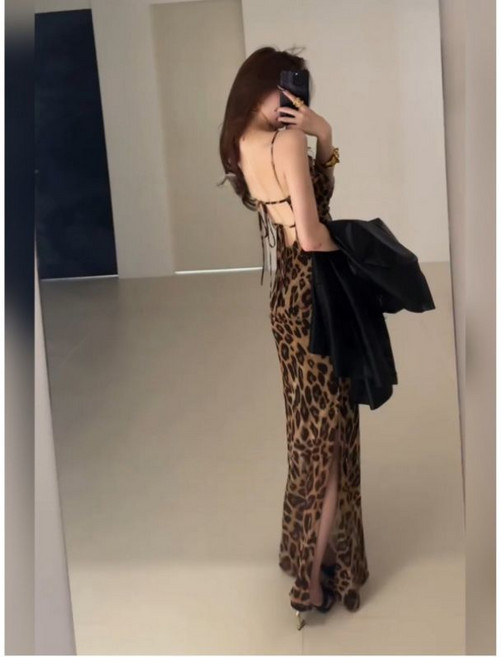 豹紋吊帶連衣裙 露背修身包臀長裙, 1個, 豹紋吊帶裙S