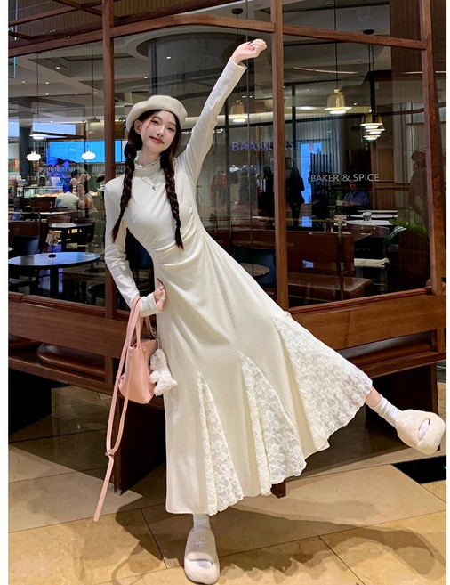 針織蕾絲拼接魚尾連衣裙 - 長袖半高領修身款, 杏色,XL, 杏色