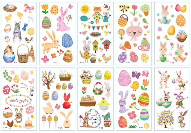 (KC인증) A타입 부활절캐릭터 계란 토끼 판박이스티커 어린이 문신 타투스티커 소품 꾸미기 놀이 수업 스티커, 1개