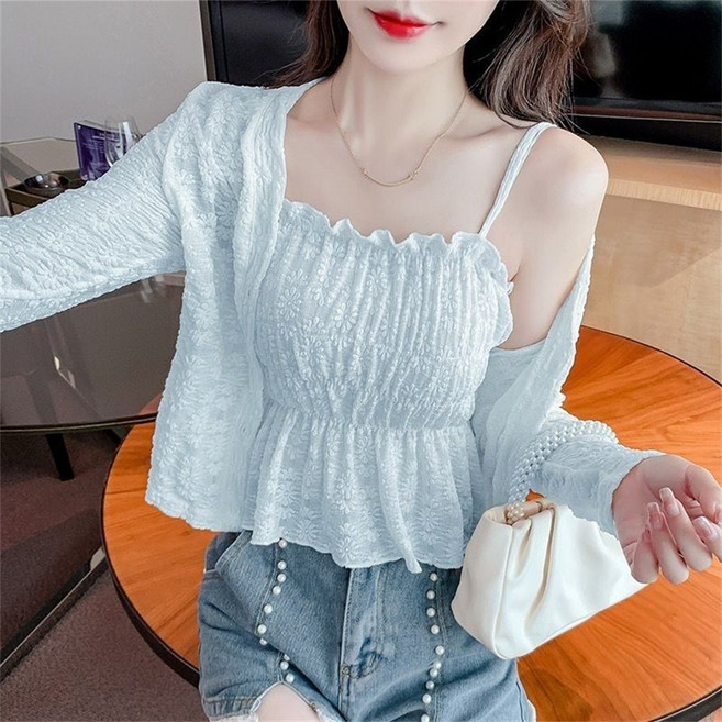 TKX 여성 나시 가디건 투피스 세트 플리츠 셔링 신축성 여름 얇은 세련된 데일리룩